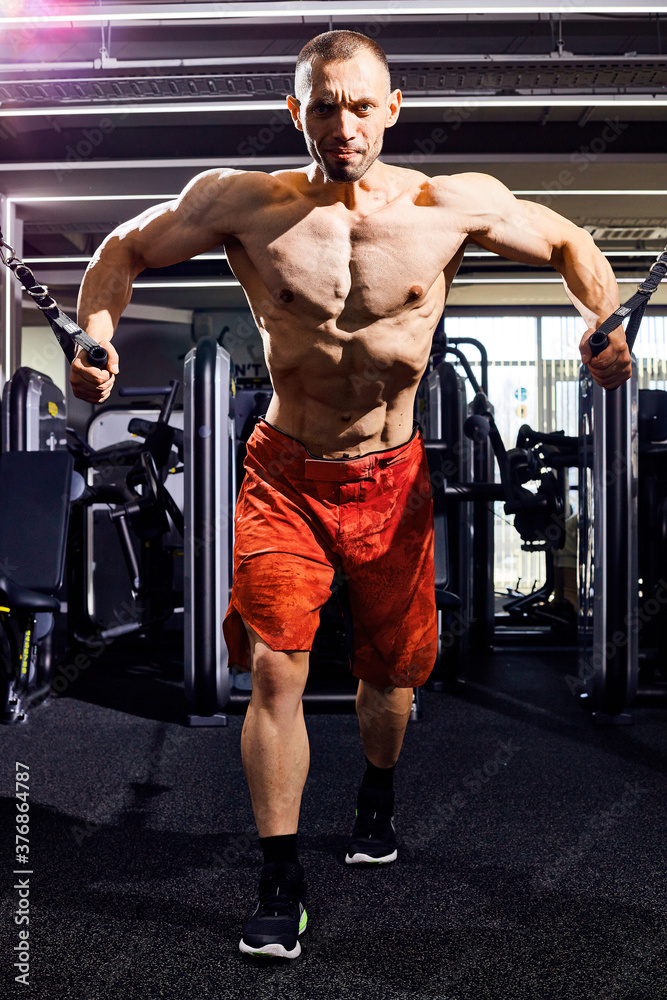 Handsome young male bodybuilder in gym. Big strong man during training in the gym. Guy with big muscles who is an athlete, trainer or instructor Handsome young male bodybuilder in gym. Big strong man during training in the gym. Guy with big muscles who is an athlete, trainer or instructor