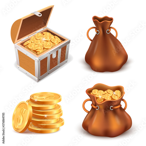 Realistic golden treasure. Coins stack, wooden treasure chest and canvas sack full of gold coins, shiny golden treasure vector illustration set. Saving money, wealth and game bonus