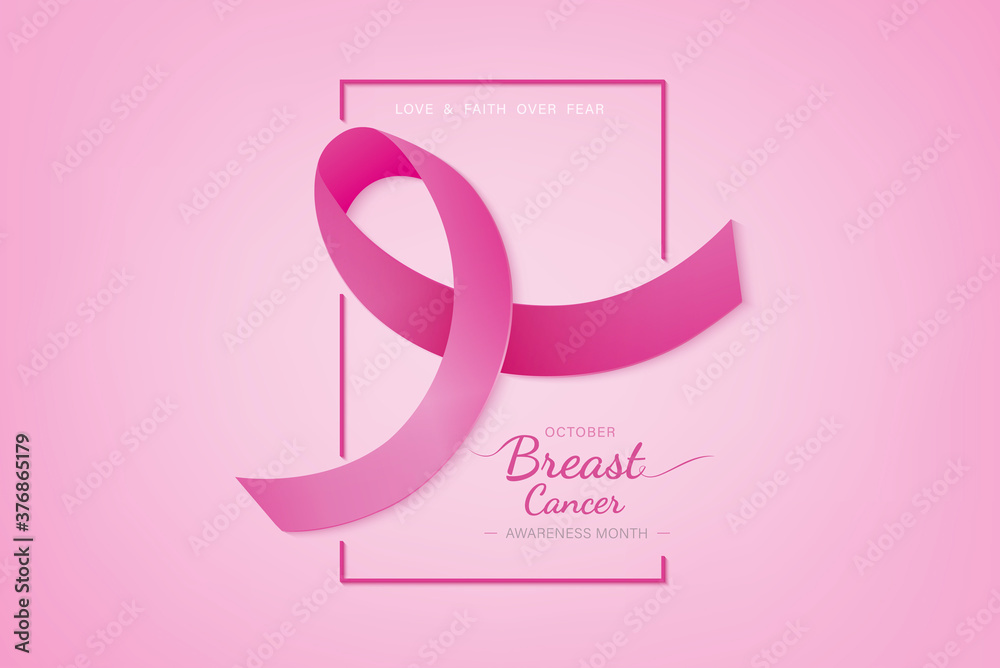 Pink ribbon with love and faith over fear text on gradient background to support breast cancer awareness campaign in October Pink ribbon with love and faith over fear text on gradient background to support breast cancer awareness campaign in October