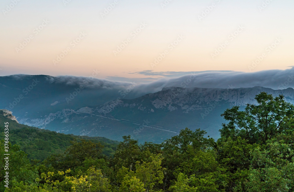 Mountain landscape at dawn .southern Crimean coast.