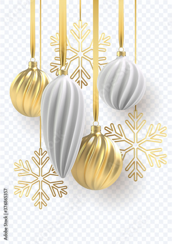 2021 Happy New Year. Christmas tree toys of silver and gold,  spiral balls and snowflakes on transpent background. Vector illustration