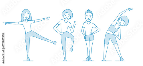 Aerobics. Train create a beautiful figure. Pulling muscles of women. Dropping excess fat. Illustration in line art style. Vector