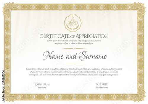 Certificate Template. Diploma of modern design or gift certificate. Frame from guilloche pattern. Elegant and expensive design. Vector illustration.