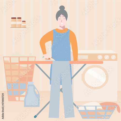 Cute old lady ironing clothes, active granny character, daily routine of grandma, cartoon vector illustration