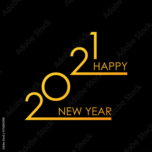 Concepto feliz año nuevo. Logotipo con texto Happy New Year 2021 lineal en diagonal en color dorado y fondo negro