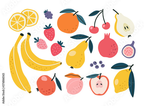 Set with hand-drawn fruit doodles. Flat tropical set of banana, apple, pear, peach, strawberry, lemon, cherry, fig, pomegranate, and some berries. Vector illustration. 