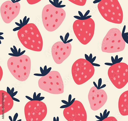 Seamless pattern of red and pink strawberries on a beige background.
