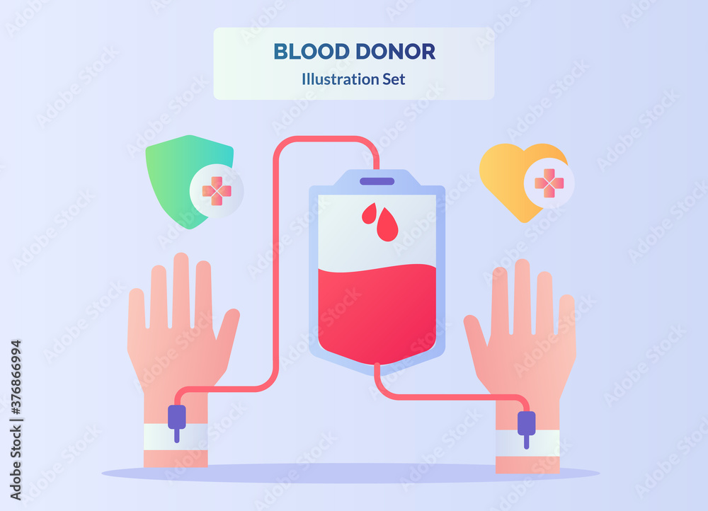 Blood donor illustration set blood drawn hand into pouch flows other hand background of red cross shield heart with flat color style