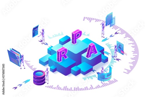 Robotic process automation concept with robots working with data, arms moving files, extracting information from websites, digital technology service, 3d isometric vector illustration