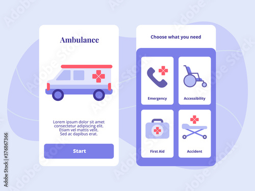 Ambulance emergency accessibility first aid accident for mobile apps template banner page UI with two variations modern flat color style