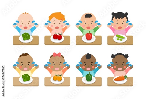 Cute baby daily illustration set  different races with skin color  eating vegetables  picky eaters  angry  crying  cartoon vector illustration  set  set  isolated