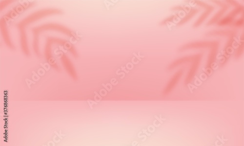 Mock up 3D stage with shadow overlay from branches, leaves, plants. Soft pink empty studio room for product display. Showroom shoot render. Vector horisontal abstract background. 