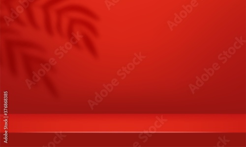 Mock up 3D stage with shadow overlay from branches, leaves, plants. Red empty studio room for product display. Showroom shoot render. Vector horisontal abstract background. 