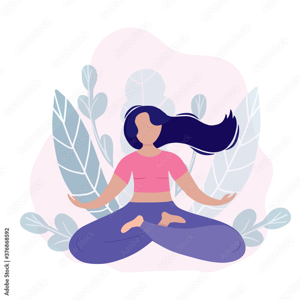 Woman doing yoga. Lotus pose The practice of meditation. Vector flat illustration.