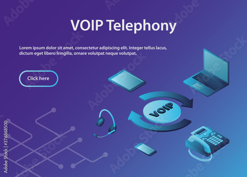 Scheme of the VoIP system.Concept VOIP telephony, isometric, example site page. 