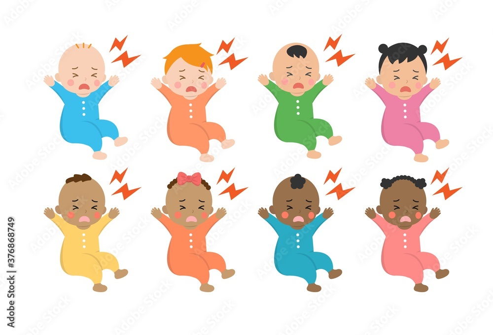 Cute baby daily illustration set, different races with skin color, noisy, crying, yelling, dissatisfied, character, cartoon vector illustration, set, set, isolated