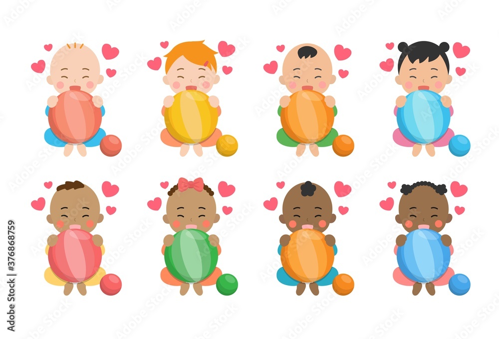 Cute baby daily illustration set, different races with skin color, ball, toy, having fun, happy, smiling, cartoon vector illustration, set, set, isolated Cute baby daily illustration set, different races with skin color, ball, toy, having fun, happy, smiling, cartoon vector illustration, set, set, isolated