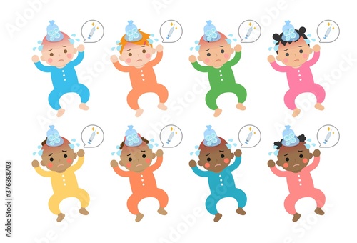 Cute baby daily illustration set, different races with skin color, fever, fever, sick virus, cold, cartoon vector illustration, set, set, isolated