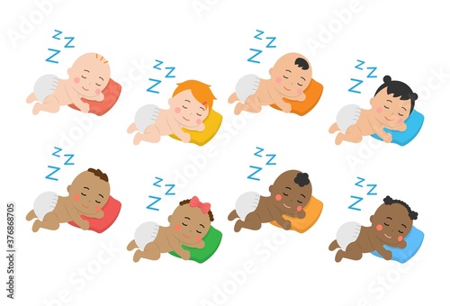 Cute baby daily illustration set, different races with skin color, lying, sleeping, dreaming, cartoon vector illustration, set, set, isolated