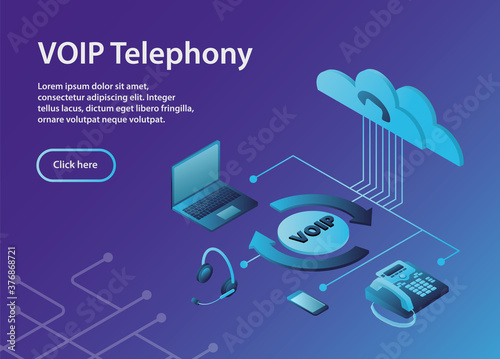 The configuration scheme of the VoIP system.Concept VOIP telephony, isometric, example site page. VOIP Telephony Scheme with ip-telephone photo