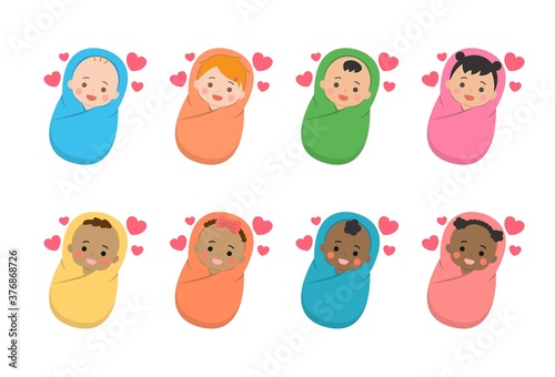 Cute baby daily illustration set, different races with skin color, baby swaddling, sleep, happy, cartoon vector illustration, set, set, isolated