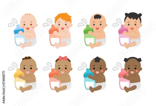 Cute baby daily illustration set, different races with skin color, baby holding milk bottle, happy, smiling, cartoon vector illustration, set, set, isolated
