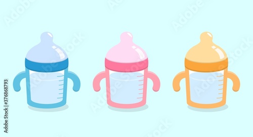 Baby milk, baby bottle, water cup in three colors, blue pink orange yellow, set isolated on blue background
