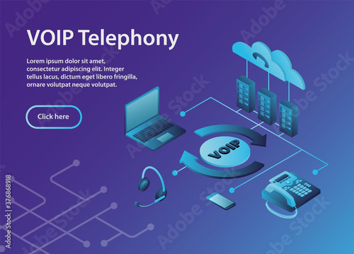 The scheme for constructing a VOIP system.Concept VOIP telephony, isometric, example site page. 