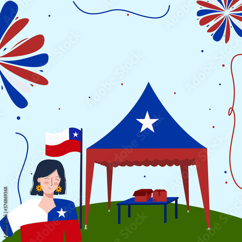 Viva chile concept women wear apparel chile flag background red blue tent on ground with flat cartoon style