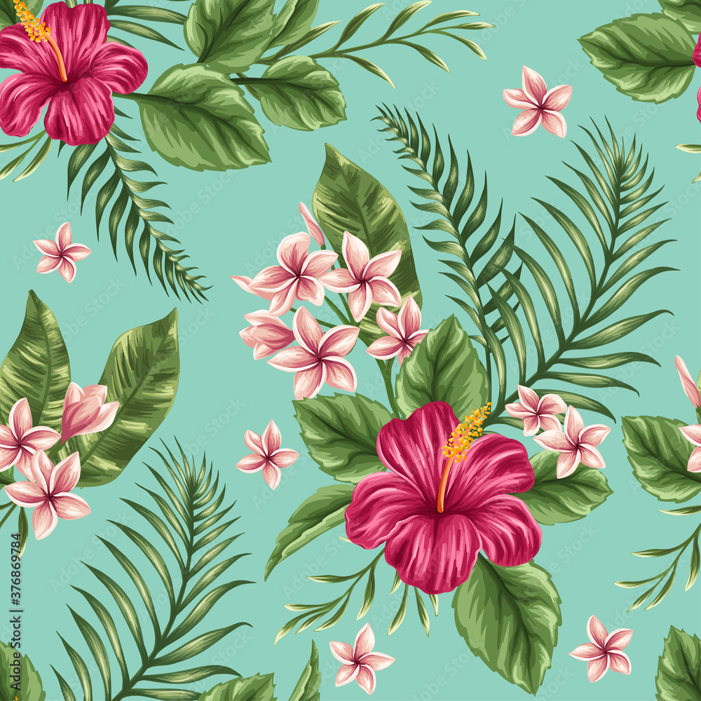 Seamless pattern with flowers,palm branch, leaves. Creative floral texture. Great for fabric, textile Vector Illustration
