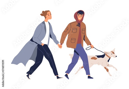 Homosexual male couple holding hands walking with dog vector flat illustration. Two guys smiling spending time together feeling love isolated on white. Enamored man pet owners enjoying promenade