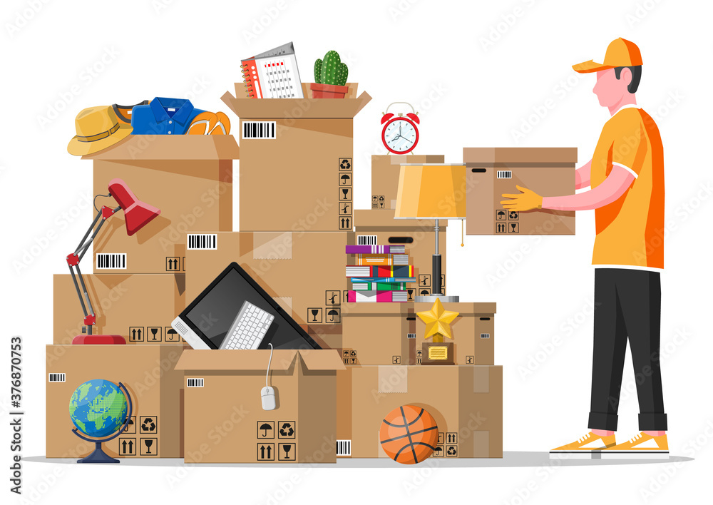 Moving to new house. Family relocated to new home. Male mover, paper cardboard boxes with goods. Package for transportation. Computer, lamp, clothes, books. Vector illustration in flat style Moving to new house. Family relocated to new home. Male mover, paper cardboard boxes with goods. Package for transportation. Computer, lamp, clothes, books. Vector illustration in flat style