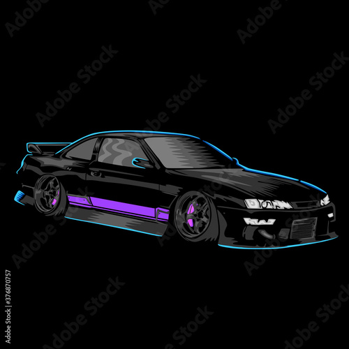 Racing Car Black Background Stylish T-shirt Car Print.
Sports car with a tuned body and stylish wheels