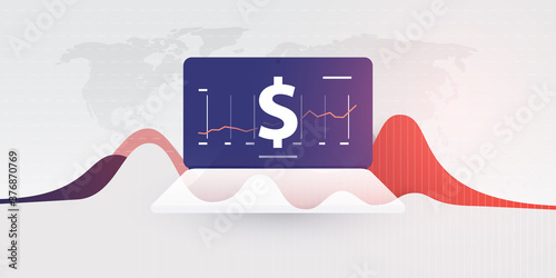 Success - Vector Illustration of Dollar Sign, Diagram on a Laptop Computer's Screen with World Map - Global Business Design Concept