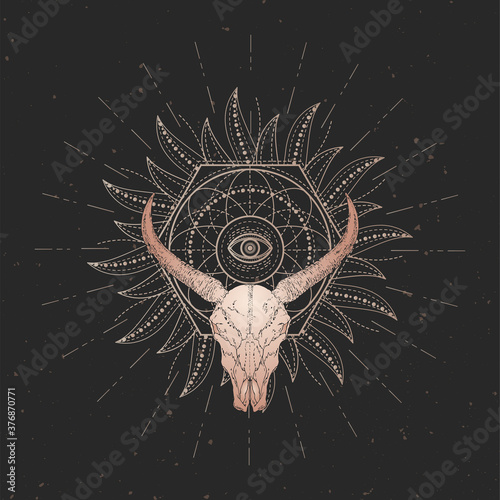 Vector illustration with hand drawn Wild buffalo skull and Sacred geometric symbol on black vintage background. Abstract mystic sign.