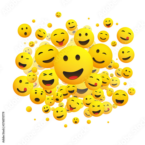 Various Faces, Emoticons - Lots of Laughing, Smiling, Winking Emoticons, 3D Vector Concept Illustration on White Background