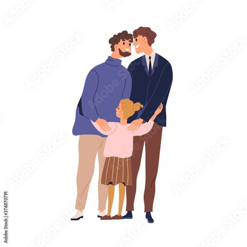 Happy lgbt family hugging and feeling love vector flat illustration. Gay couple with kid. Two enamored fathers cuddle little cute daughter isolated. Smiling homosexual man and girl standing together