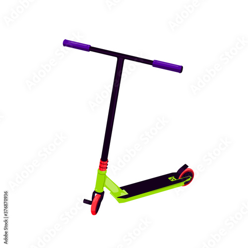 Stunt scooter.Children's scooter in salad green color. Toy for children. Scooter isolated on white background. Children's scooter in an isometric view. 3D toy for driving in the park