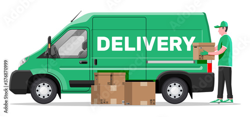 Loader unloads the goods from van. Fast and free delivery service in city. Courier with parcel box. Male mover, paper cardboard boxes with goods. Cargo and logistic. Cartoon flat vector illustration