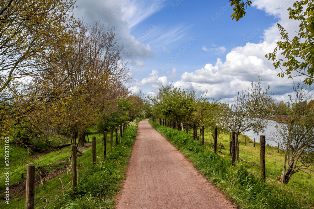 A narrow track on a dike along the Linge river in the village of Deil, the Betuwe, Gederland, in early sping, on a partly cloudy day; leaves are appearing on the trees. In the background two hikers.