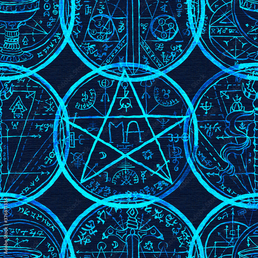 Seamless pattern with magic seal, fantasy symbols and pentagram on