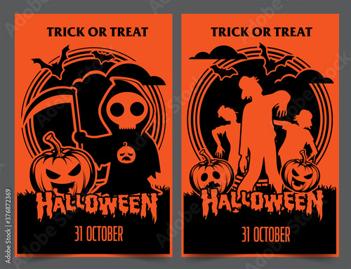 Halloween night party background with full Moon, Halloween banners with pumpkins.