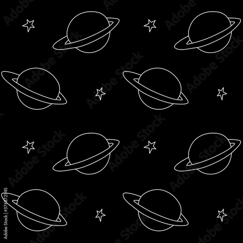 Baby space seamless pattern. Cartoon outline planet saturn and stars. Vector cosmic background and texture. For kids design, fabric, wrapping, wallpaper, textile, apparel