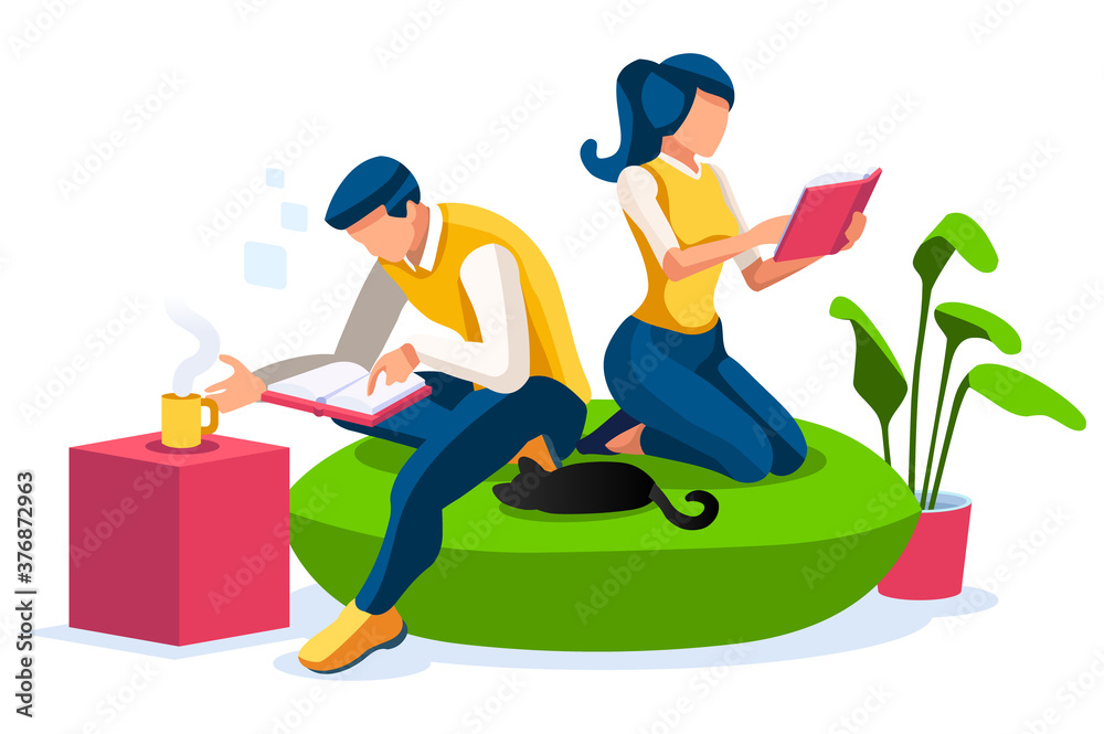Female and Male Characters together at home, couple relaxing on the weekend, leisure and love concept. Time for books, time for leisure relax at home. Isometric Illustration Flat Vector. Female and Male Characters together at home, couple relaxing on the weekend, leisure and love concept. Time for books, time for leisure relax at home. Isometric Illustration Flat Vector.