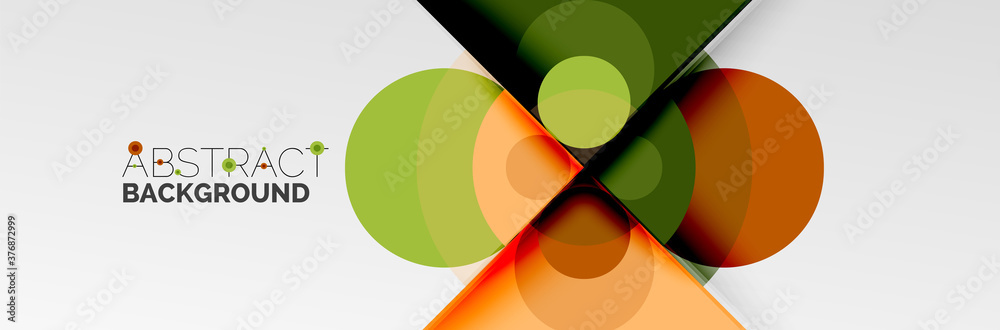 Bright color circles, abstract round shapes and triangles composition with shadow effects. Vector modern geometric design template