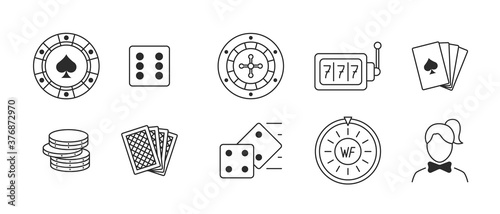 Casino and gambling vector icons set. 10 line icons, editable stroke. Vlat style vector web signs isolated on white background.