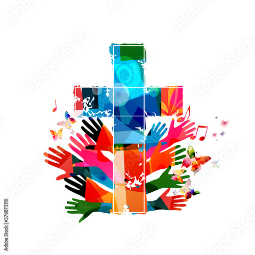 Colorful christian cross with hands and music notes isolated vector illustration. Religion themed background. Design for gospel church music, choir singing, concert, festival, Christianity, prayer
