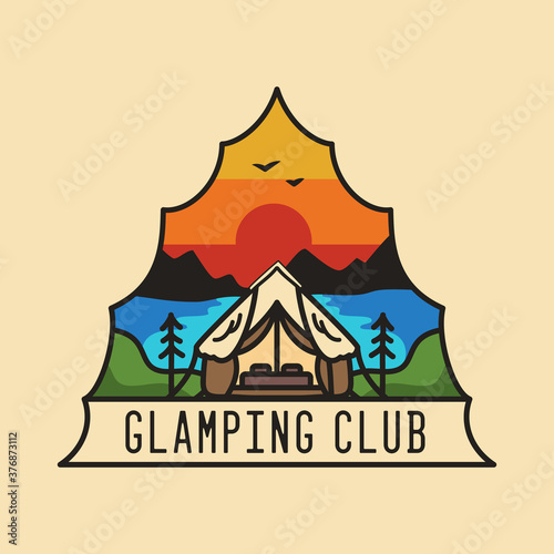 Vintage glamping club logo, glamp adventure emblem design with mountains, tent, sunrise and river. Unusual line art retro style sticker. Stock vector