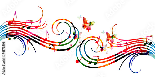 Colorful music promotional poster with music notes isolated vector illustration. Artistic abstract background with music staff for music show, live concert events, party flyer template