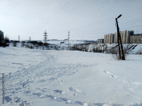 snow-covered landscape of the city in the snow winter Russia